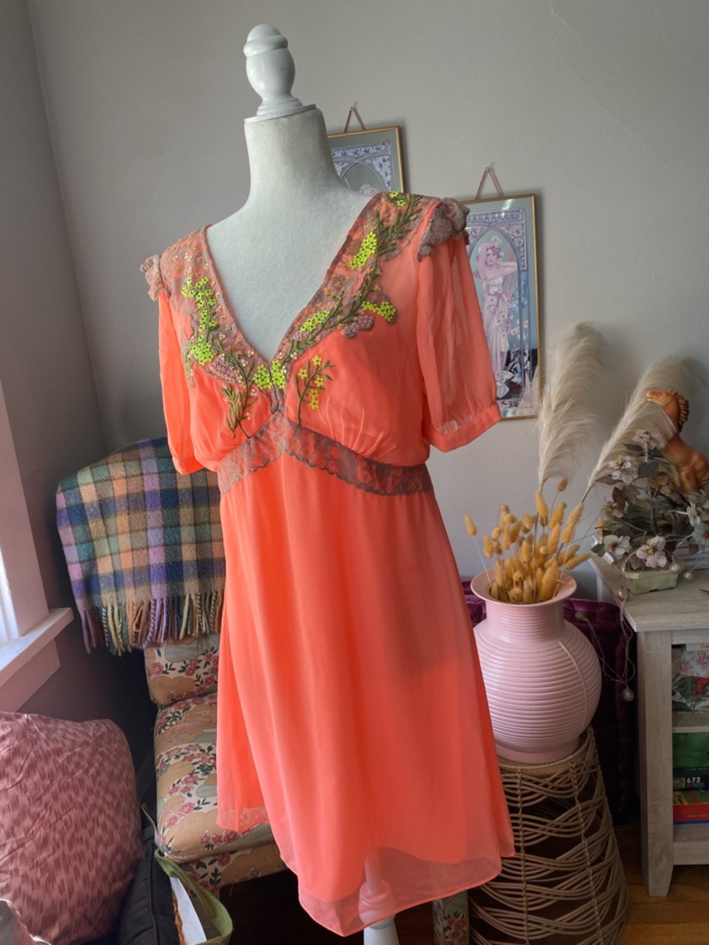 Coral Embroidered V-Neck Chiffon Dress